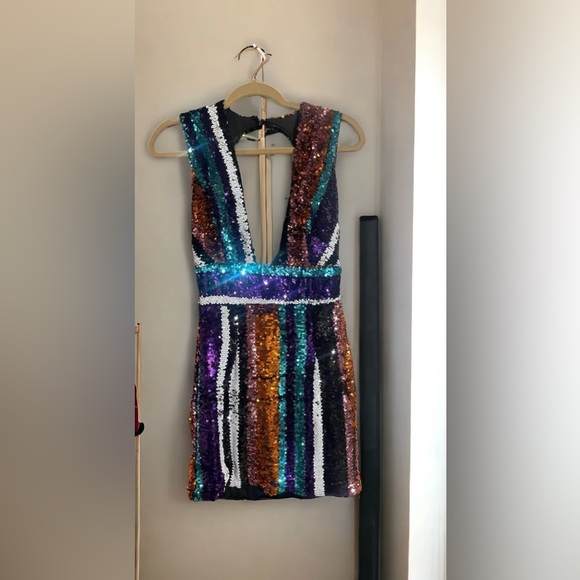 Nasty Gal rainbow plunge sequin mini dress - Picture 1 of 3